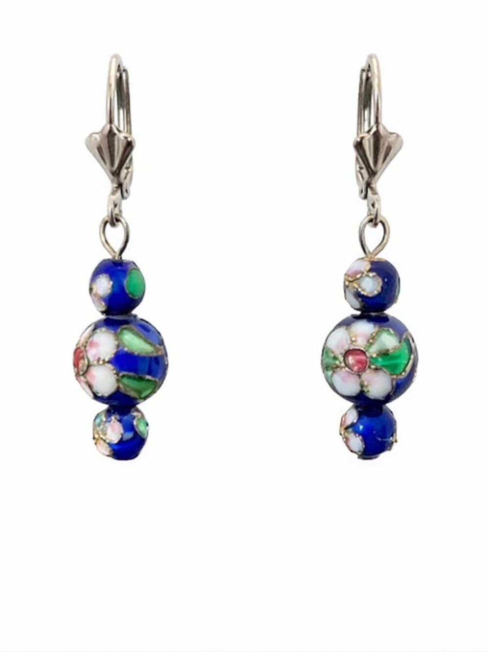 Vintage Chinese Cloisonné Blue Floral Earrings – Silver Lever‑Back – Pierced